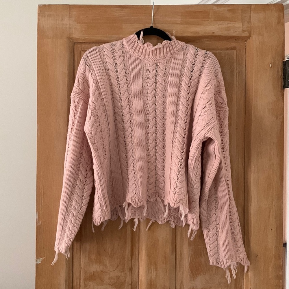 Blush Moon River cable knit sweater with distressed hemline